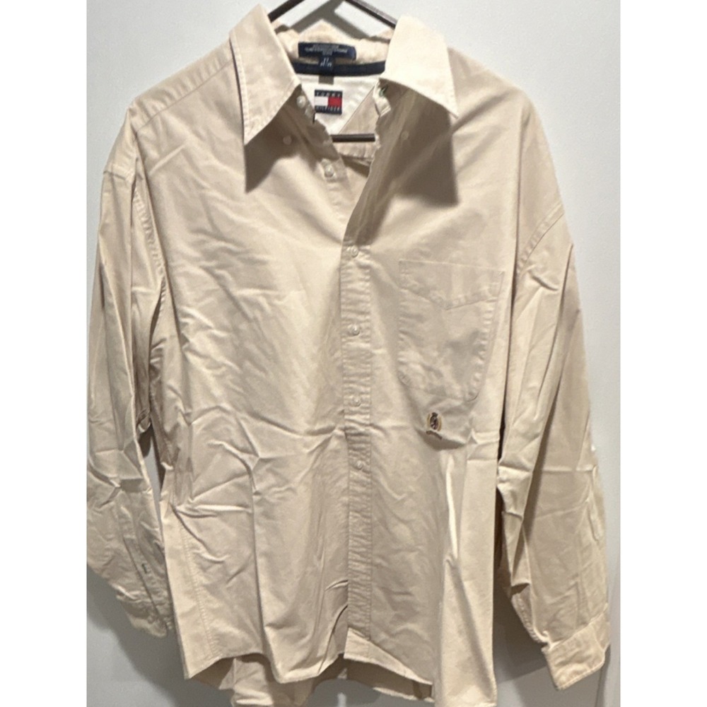 VTG Tommy Hilfiger Men's Beige Dress Shirt 17 34/35 100% Cotton‎ Embroidered